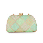 Mint Green Embroidered Bridal Box Clutch with Gold Clasp for Women