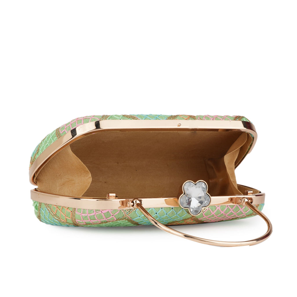 Mint Green Embroidered Bridal Box Clutch with Gold Clasp for Women