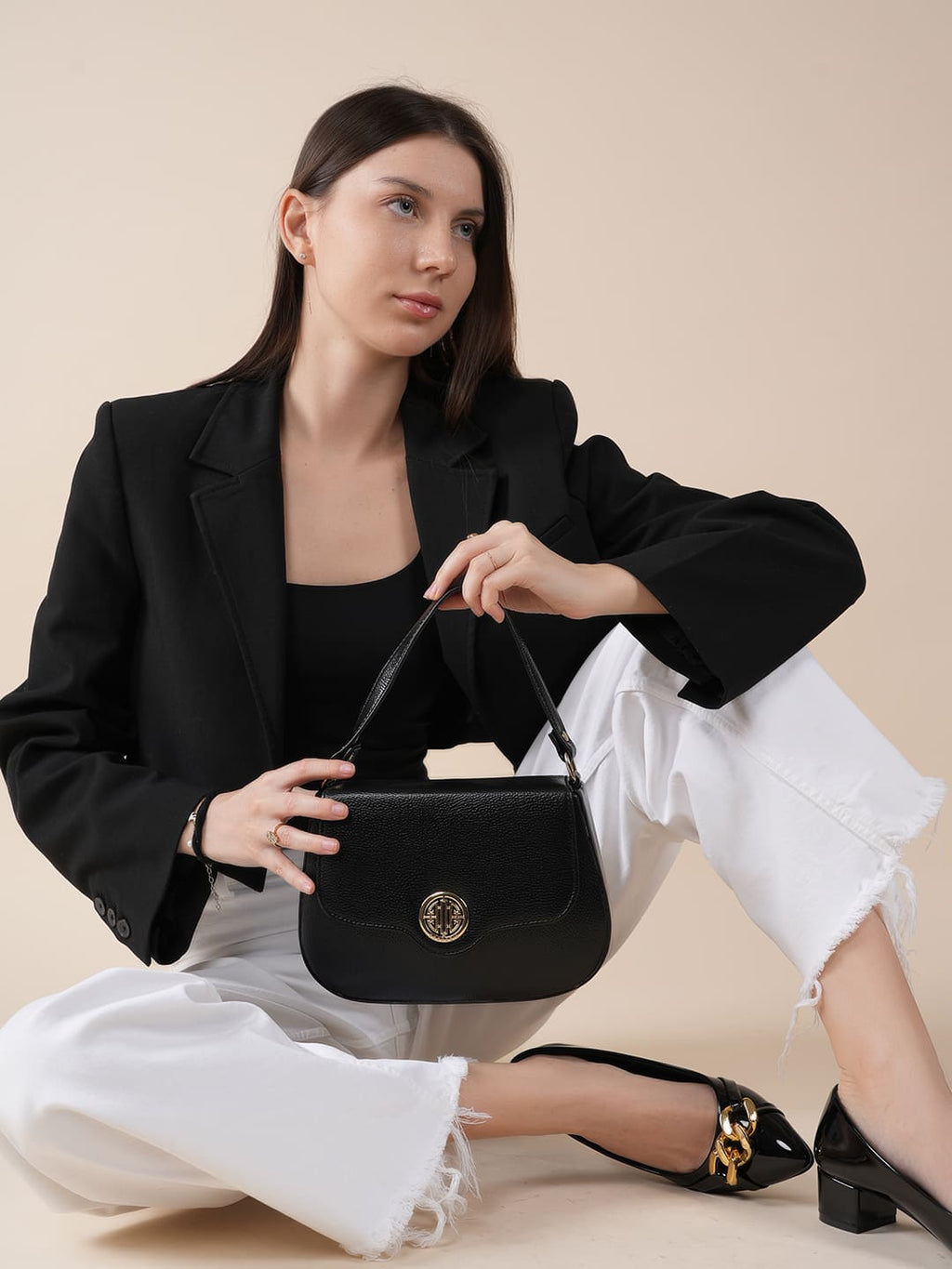 Women Black Textured Shoulder Bag with Adjustable Sling Strap