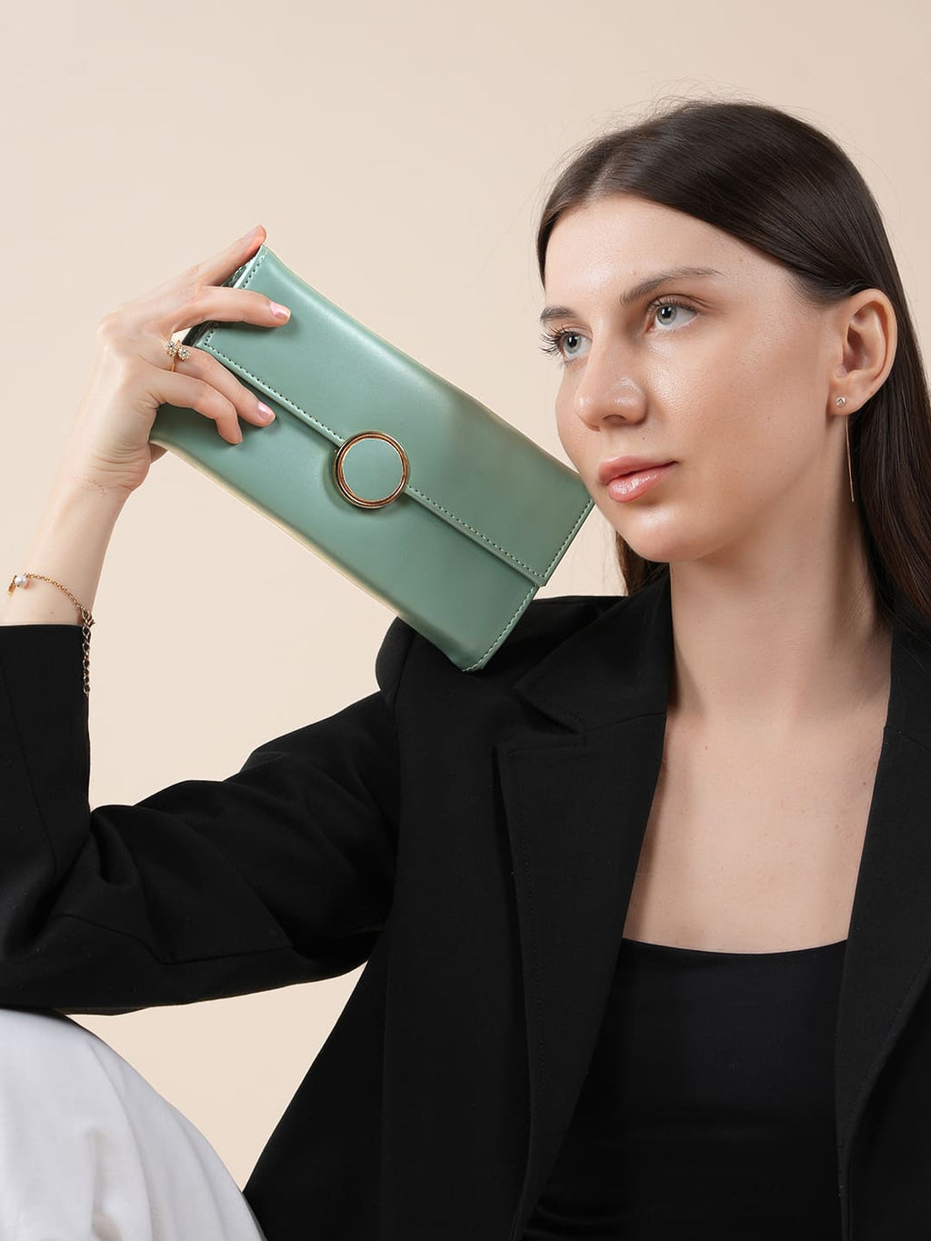 Women Mint Green Long Clutch Wallet with Back Zip Pocket