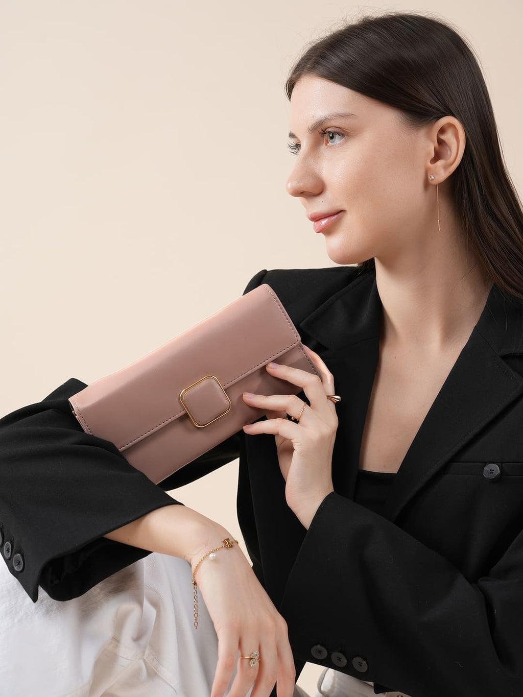 Women Taupe Long Clutch Wallet with Zip Pocket