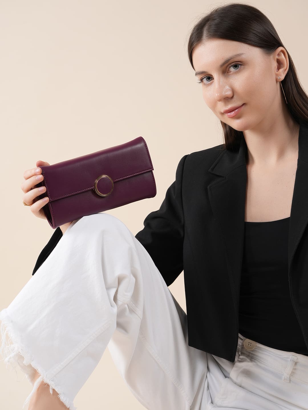 Women Burgundy Long Clutch Wallet with Back Zip Pocket
