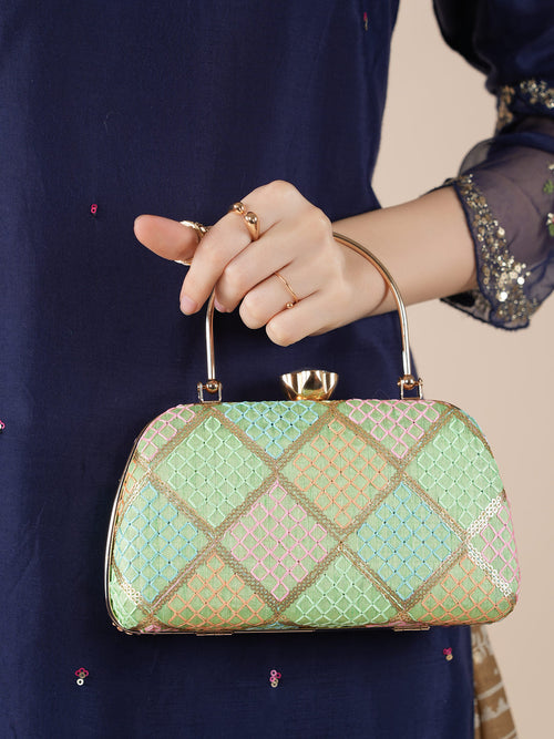 Mint Green Embroidered Bridal Box Clutch with Gold Clasp for Women