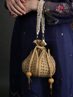 Women Gold Embellished Bridal Potli Bag with Pearl Handle & Beads Work