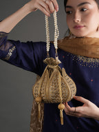 Women Gold Embellished Bridal Potli Bag with Pearl Handle & Beads Work
