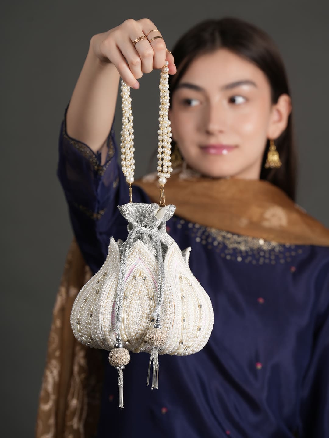 Women Silver Pearl Embroidered Bridal Potli Bag with Pearl Handle