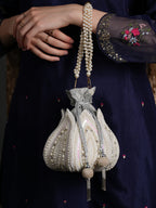 Women Silver Pearl Embroidered Bridal Potli Bag with Pearl Handle