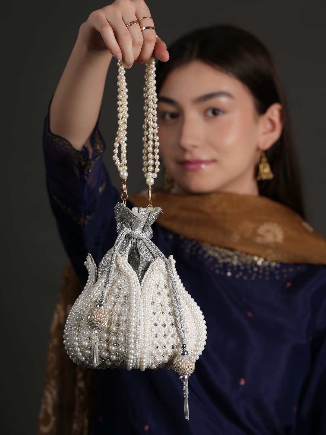Women Pearl White Embroidered Bridal Potli Bag with Pearl Handle