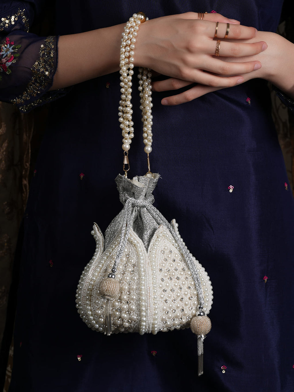 Women Pearl White Embroidered Bridal Potli Bag with Pearl Handle