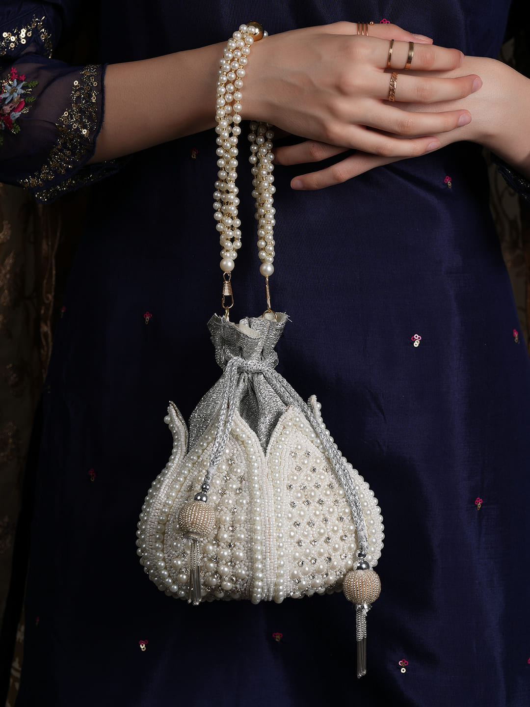 Women Pearl White Embroidered Bridal Potli Bag with Pearl Handle