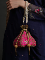 Women Pink Embroidered Bridal Potli Bag with Pearl Handle & Zari Work