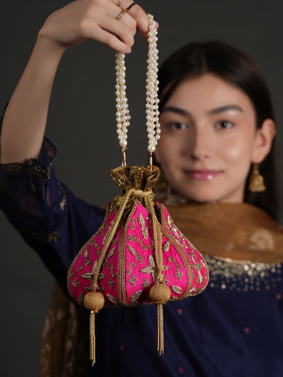 Women Pink Embroidered Bridal Potli Bag with Pearl Handle & Zari Work