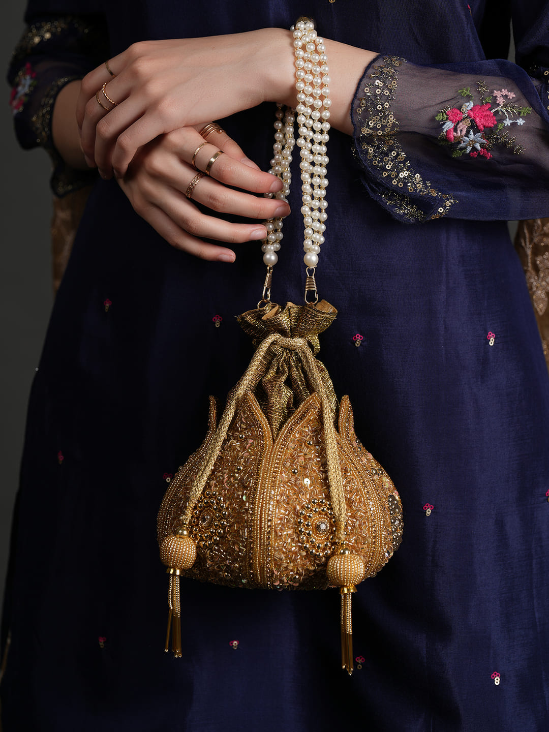 Women Gold Beaded Embroidered Bridal Potli Bag with Pearl Handle