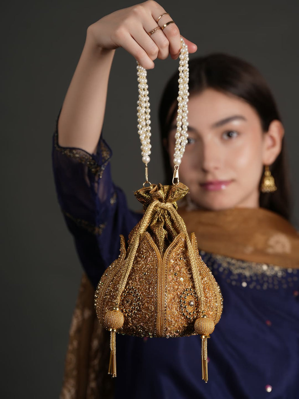 Women Gold Beaded Embroidered Bridal Potli Bag with Pearl Handle