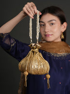 Women Gold Sequin Embroidered Bridal Potli Bag with Pearl Handle