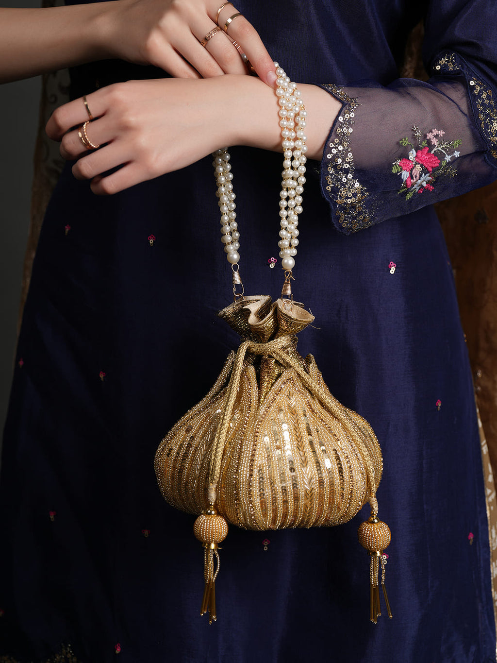 Women Gold Sequin Embroidered Bridal Potli Bag with Pearl Handle