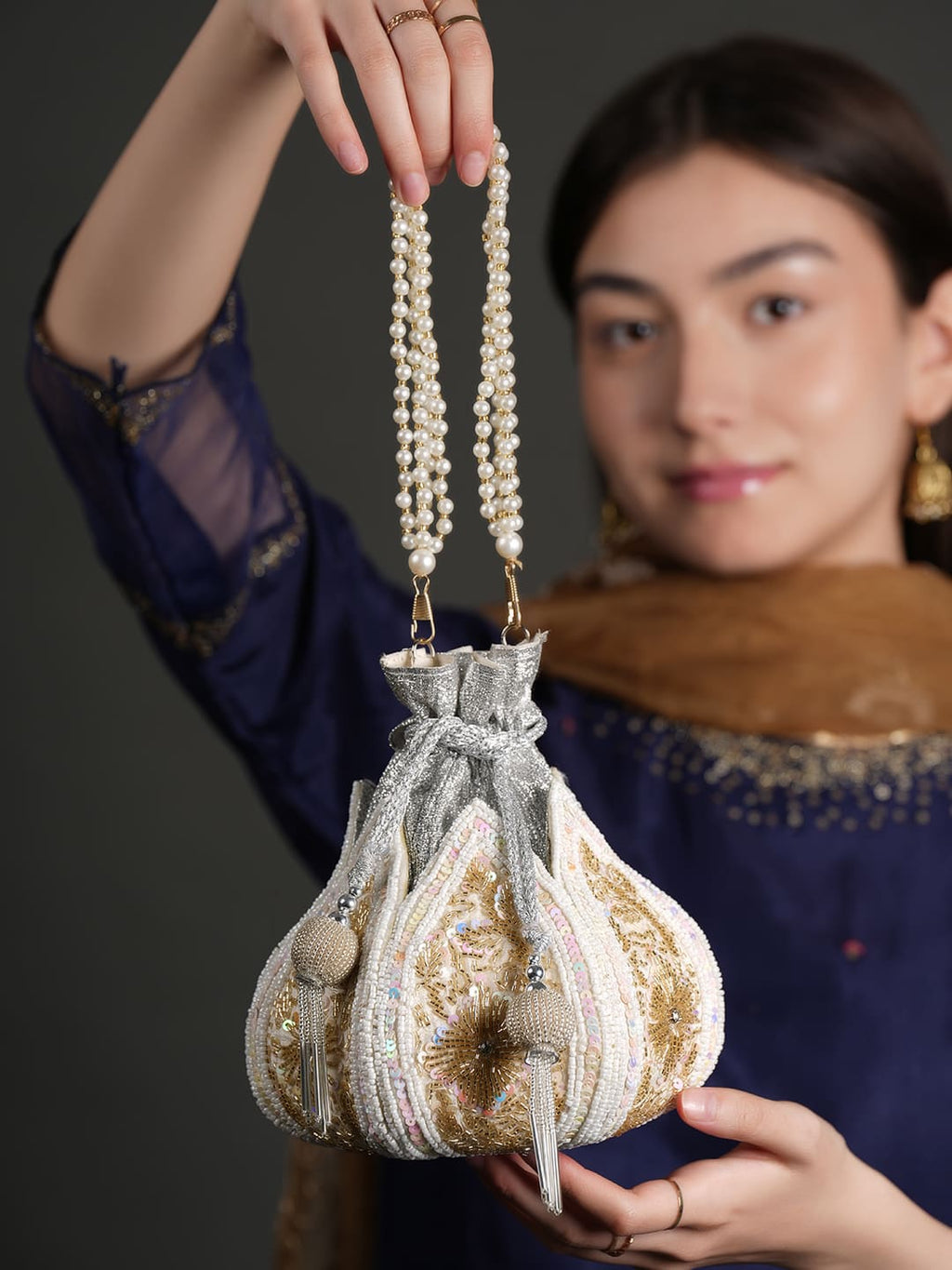 Women Pearl White & Gold Embroidered Bridal Potli Bag with Pearl Handle