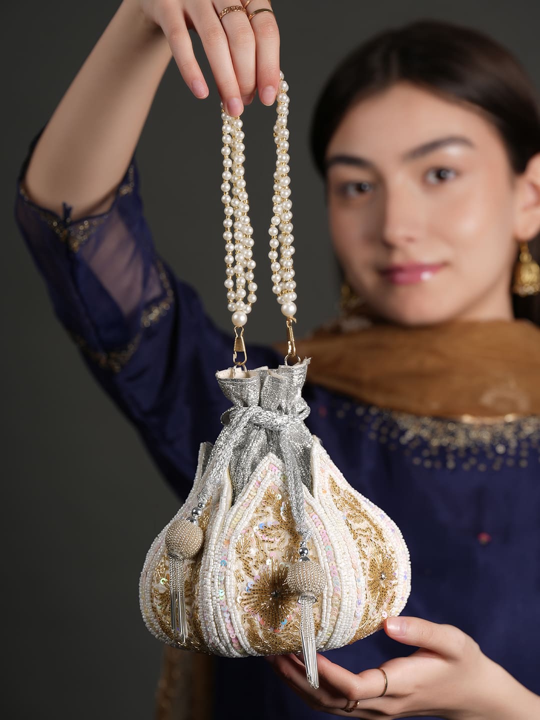 Women Pearl White & Gold Embroidered Bridal Potli Bag with Pearl Handle