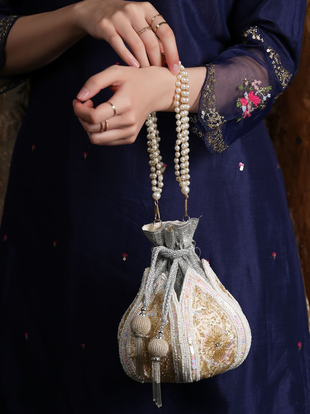 Women Pearl White & Gold Embroidered Bridal Potli Bag with Pearl Handle
