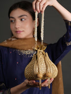 Women Gold Geometric Embroidered Bridal Potli Bag with Pearl Handle