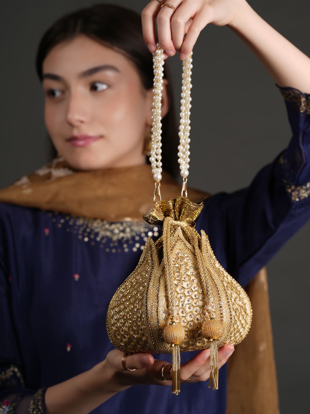 Women Gold Geometric Embroidered Bridal Potli Bag with Pearl Handle