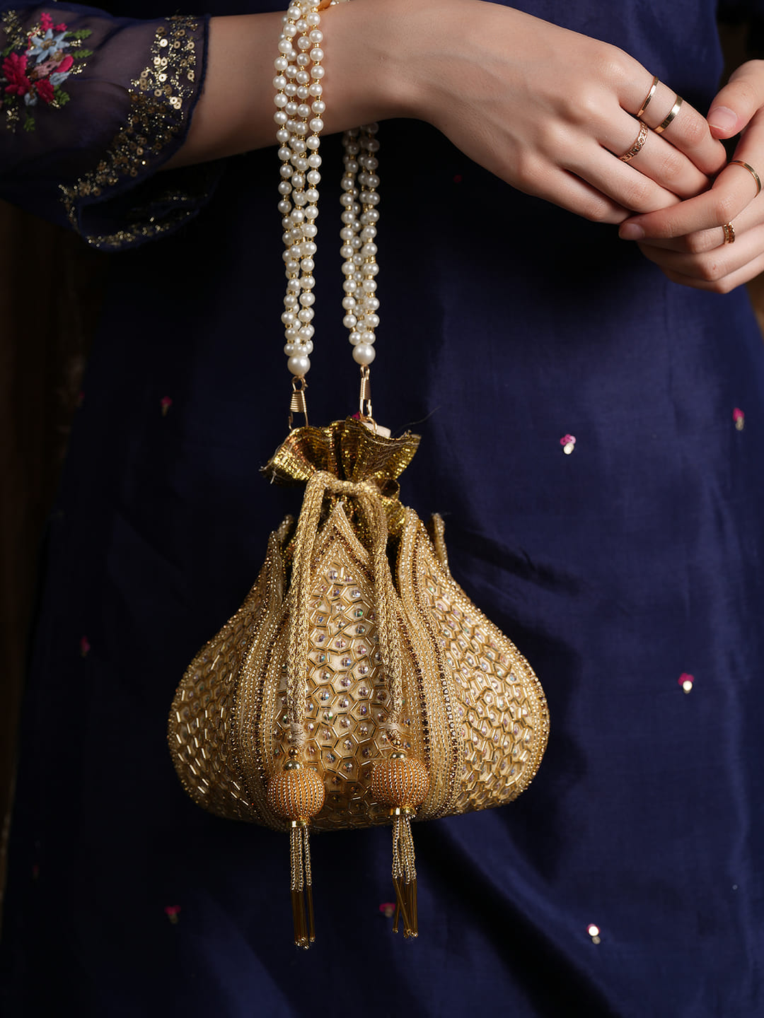 Women Gold Geometric Embroidered Bridal Potli Bag with Pearl Handle