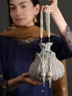 Women Silver & Pearl Embroidered Bridal Potli Bag with Pearl Handle