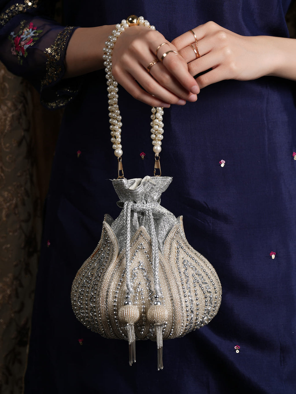 Women Silver & Pearl Embroidered Bridal Potli Bag with Pearl Handle