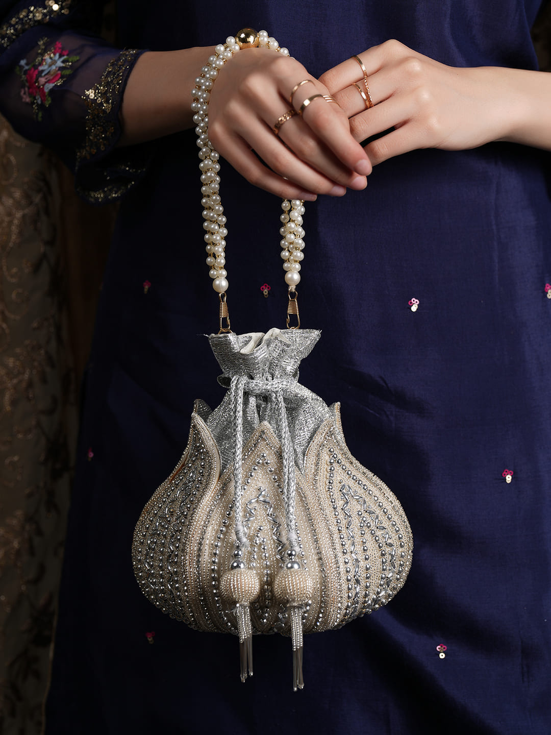 Women Silver & Pearl Embroidered Bridal Potli Bag with Pearl Handle