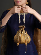 Women Gold Embroidered Bridal Potli Bag with Pearl Handle