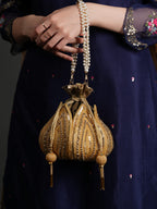 Women Gold Embroidered Bridal Potli Bag with Pearl Handle