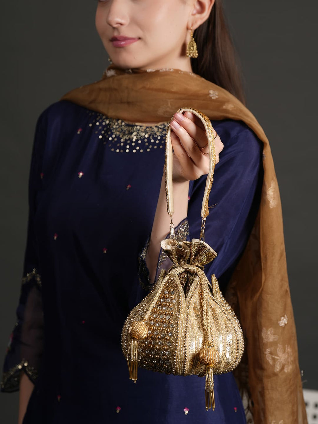 Women Gold Sequin Embroidered Bridal Potli Bag with Strap Handle