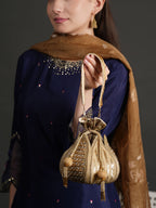 Women Gold Sequin Embroidered Bridal Potli Bag with Strap Handle