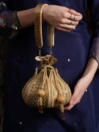 Women Gold Sequin Embroidered Bridal Potli Bag with Strap Handle