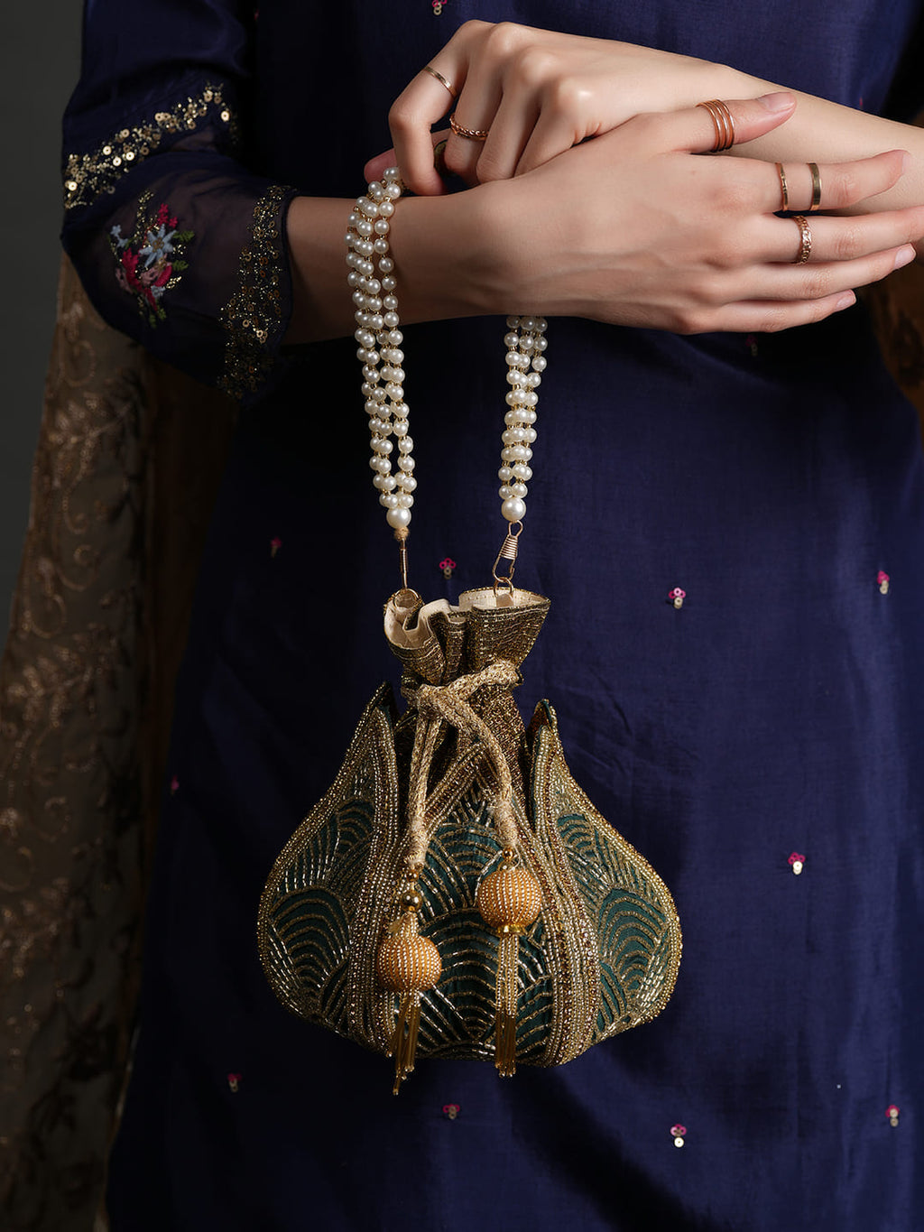 Women Green & Gold Embroidered Bridal Potli Bag with Pearl Handle