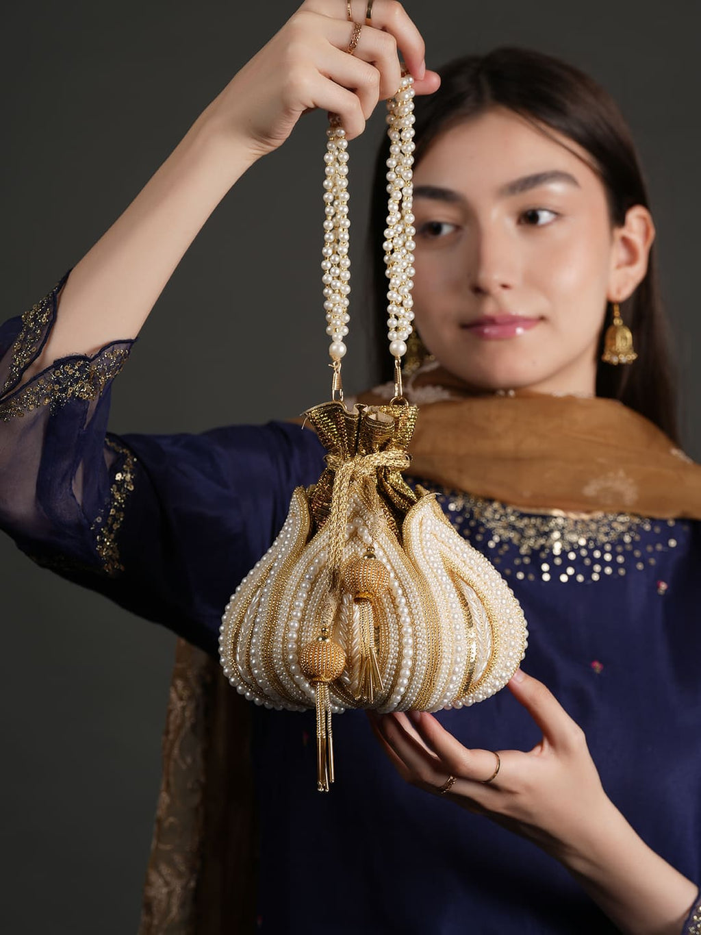 Women Gold & Pearl Embroidered Bridal Potli Bag with Pearl Handle