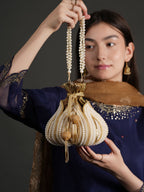 Women Gold & Pearl Embroidered Bridal Potli Bag with Pearl Handle