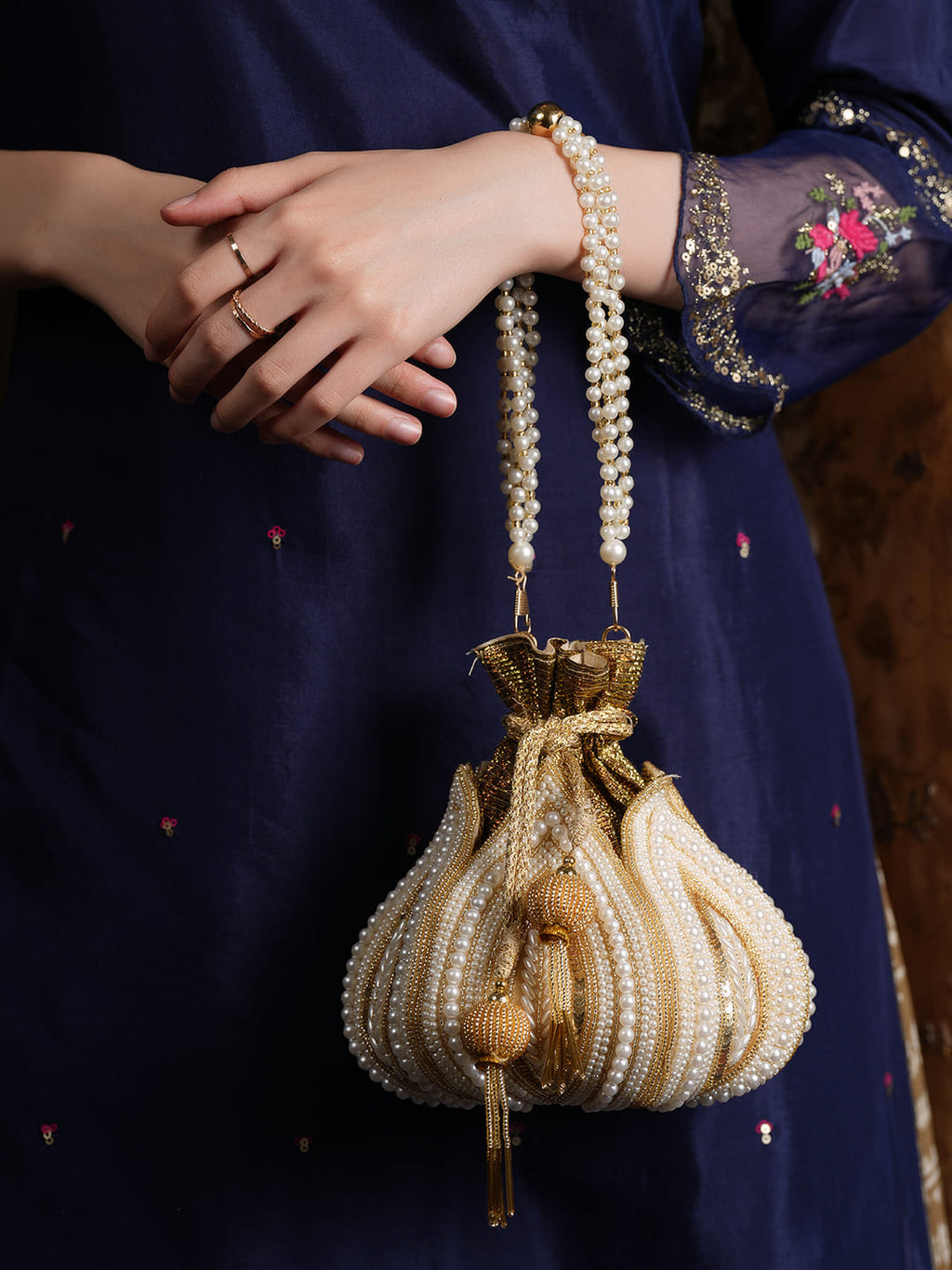 Women Gold & Pearl Embroidered Bridal Potli Bag with Pearl Handle