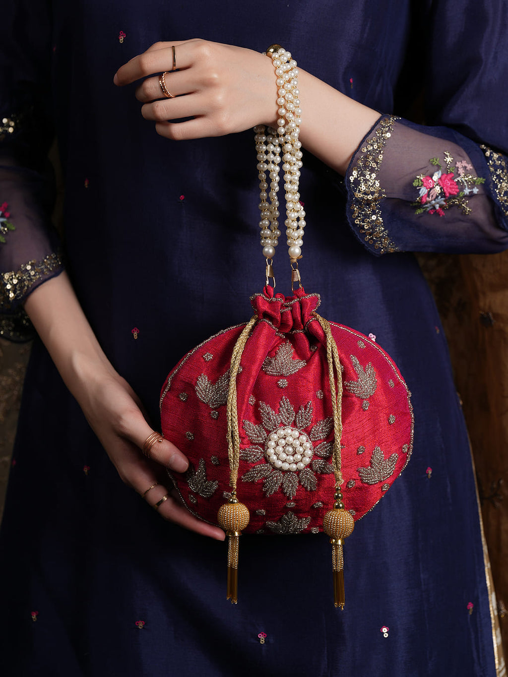 Women Red Embroidered Bridal Potli Bag with Pearl Handle & Zari Work