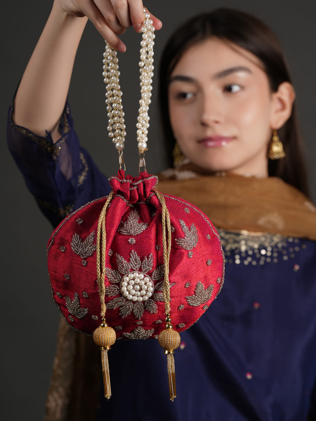 Women Red Embroidered Bridal Potli Bag with Pearl Handle & Zari Work