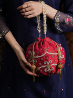 Women Red Embroidered Bridal Potli Bag with Pearl Handle & Beads Work
