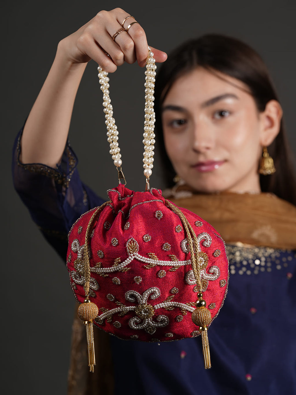 Women Red Embroidered Bridal Potli Bag with Pearl Handle & Beads Work
