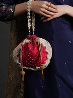 Women Red Pearl Embroidered Bridal Potli Bag with Pearl Handle