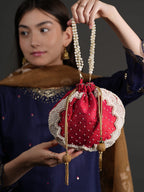 Women Red Pearl Embroidered Bridal Potli Bag with Pearl Handle