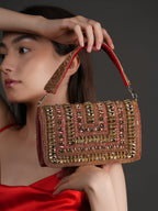 Women Red & Gold Embellished Party Clutch Bag with Crystal & Stone Work