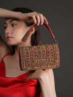 Women Red & Gold Embellished Party Clutch Bag with Crystal & Stone Work