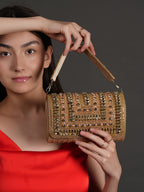 Women Gold Embellished Party Clutch Bag with Crystal & Stone Work