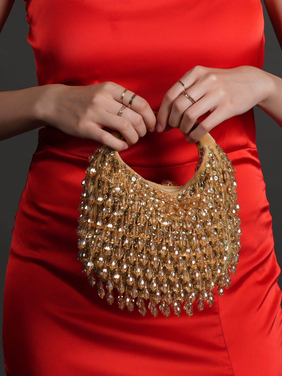 Women Gold Beaded Embellished Party Shoulder Bag