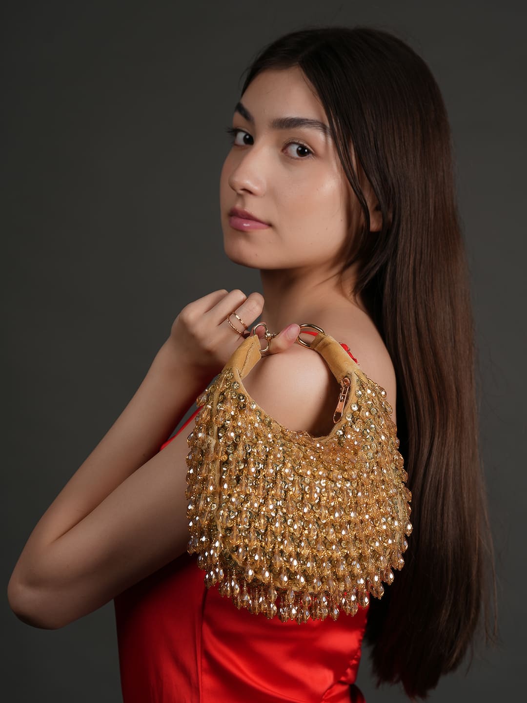 Women Gold Beaded Embellished Party Shoulder Bag