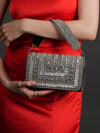 Women Silver Embellished Party Clutch Bag with Crystal & Stone Work
